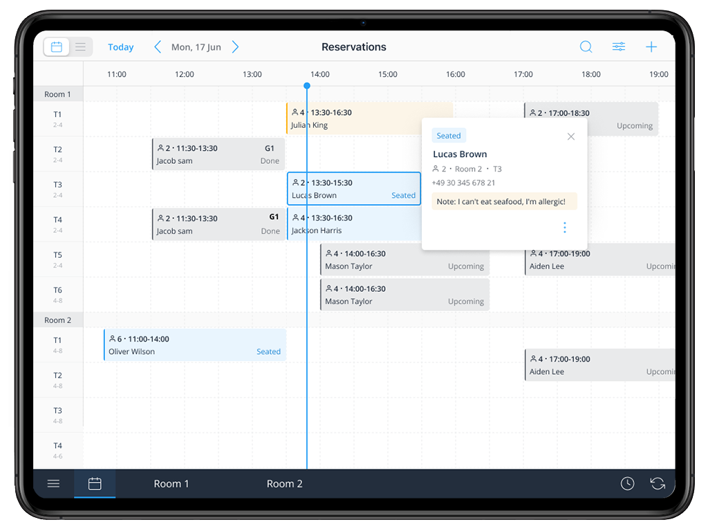 Tillhub Kassensystem - Überblick über alle Reservierungen, Tischbelegungen und Umsätze
