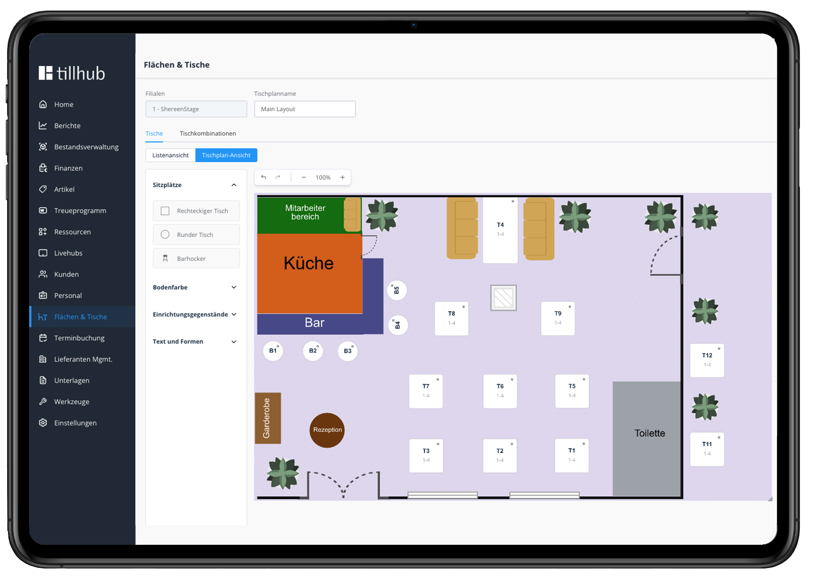 Tillhub Kassensystem Dashboard Screenshot Erstelle Deinen individuellen Tischplan: Räume anlegen, Tische positionieren, jederzeit anpassbar.