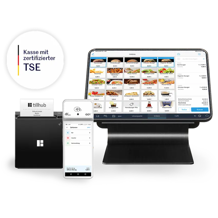 Tillhub Kassensystem mit TSE-zertifiziertem Drucker und Kartenleser